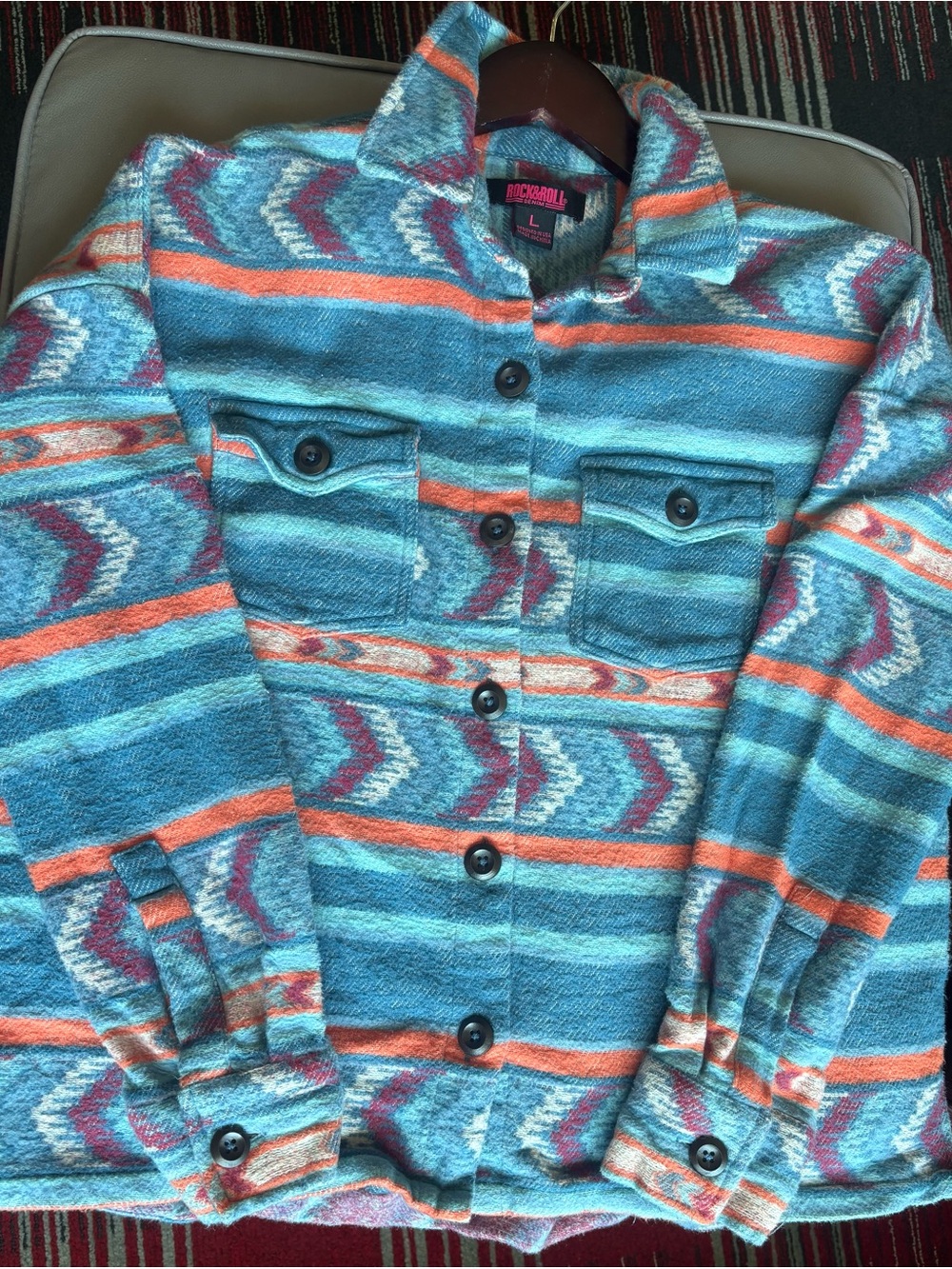 Rock & Roll Aztec-Pattern Utility Jacket in Teal and Orange